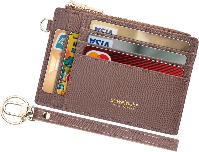 Wikavanli Women Slim Rfid Blocking Credit Card Case Holder Wristlet Zip ID Case Wallet Small Compact Leather Wallet Coin Purse with Keychain (Camel) - Image 1